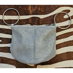 Olga Berg Clutch Bag Womens Small Silver Crystal Rhinestone Ring Handle Evening